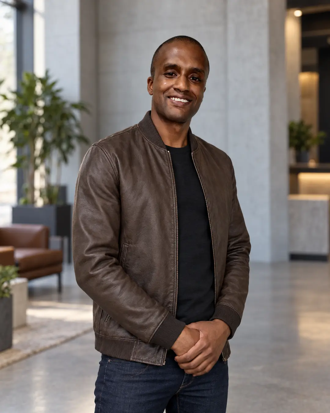 Alex Santacruz in a leather jacket in a professional setting