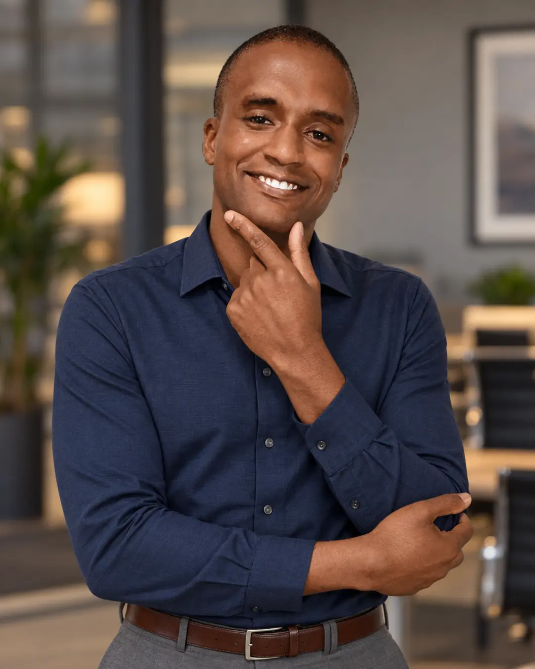 Alex Santacruz in a blue shirt in an executive setting